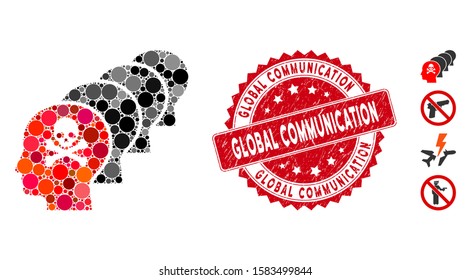 Mosaic kill all humans icon and rubber stamp seal with Global Communication text. Mosaic vector is formed from kill all humans icon and with random spheric spots.