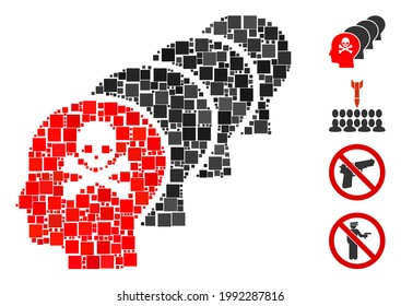 Mosaic Kill all humans icon united from square items in random sizes and color hues. Vector square items are united into abstract mosaic kill all humans icon. Bonus pictograms are placed.