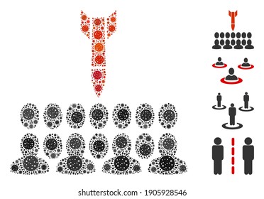 El mosaico mata a todas las personas compuestas de íconos del coronavirus en diferentes tamaños y tonos de color. Las partes de patógenos vectoriales se componen en ilustraciones abstractas matan a todas las personas icono.