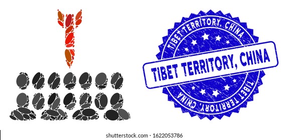 Mosaic kill all the people icon and rubber stamp watermark with Tibet Territory, China caption. Mosaic vector is created with kill all the people icon and with scattered elliptic elements.