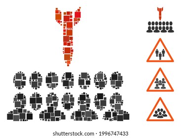 Mosaik Tötet alle Menschen Symbol aus quadratischen Elementen in zufälligen Größen und Farbtönen. Vektorquadratische Gegenstände sind in abstraktes Mosaik angeordnet, töten alle Menschen Symbol. Bonussymbole werden hinzugefügt.