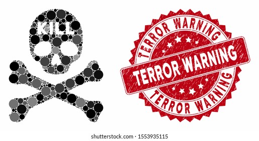Mosaic kill death and distressed stamp seal with Terror Warning text. Mosaic vector is composed with kill death icon and with random circle elements. Terror Warning stamp seal uses red color,