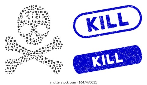 Mosaic kill death and rubber stamp seals with Kill phrase. Mosaic vector kill death is formed with randomized oval dots. Kill seals use blue color, and have round rectangle shape.