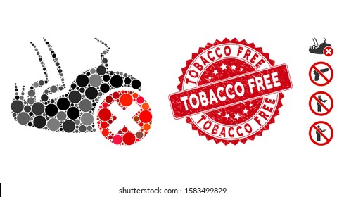 Mosaic Kill Flea Icon And Corroded Stamp Watermark With Tobacco Free Phrase. Mosaic Vector Is Designed With Kill Flea Icon And With Scattered Circle Elements. Tobacco Free Stamp Seal Uses Red Color,