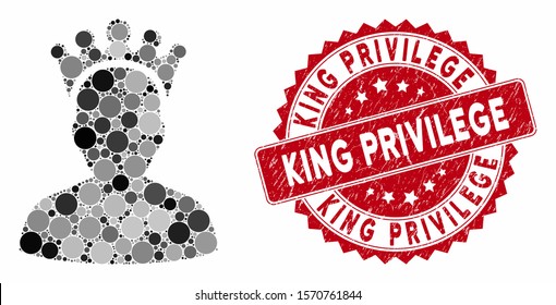 Mosaic king and grunge stamp watermark with King Privilege text. Mosaic vector is created with king icon and with random spheric items. King Privilege stamp seal uses red color, and grunge surface.