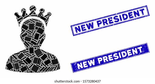Mosaic king icon and rectangular New President stamps. Flat vector king mosaic icon of scattered rotated rectangular items. Blue New President seal stamps with distress texture.