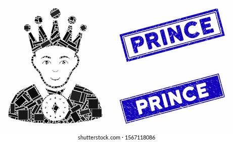 Mosaic king icon and rectangular seal stamps. Flat vector king mosaic icon of scattered rotated rectangular elements. Blue caption seal stamps with grunge textures.