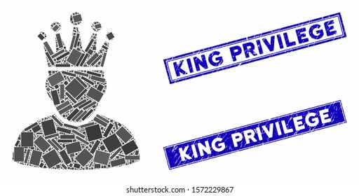 Mosaic king pictogram and rectangle King Privilege stamps. Flat vector king mosaic pictogram of random rotated rectangle items. Blue King Privilege rubber seals with scratched textures.