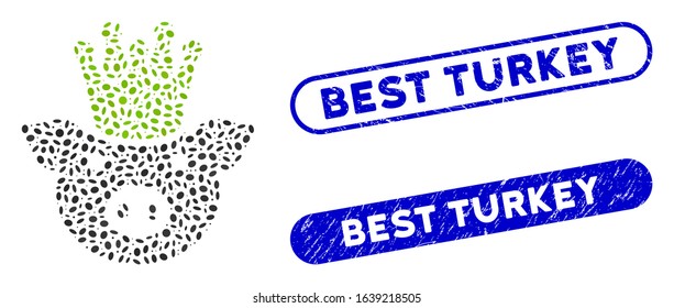 Mosaic king pig and rubber stamp seals with Best Turkey text. Mosaic vector king pig is formed with scattered ellipse elements. Best Turkey stamp seals use blue color, and have round rectangle shape.