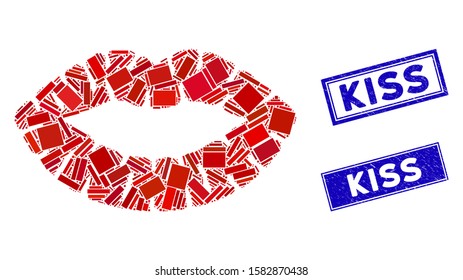 Mosaic kiss print pictogram and rectangular Kiss rubber prints. Flat vector kiss print mosaic pictogram of random rotated rectangle elements. Blue Kiss rubber seals with rubber textures.