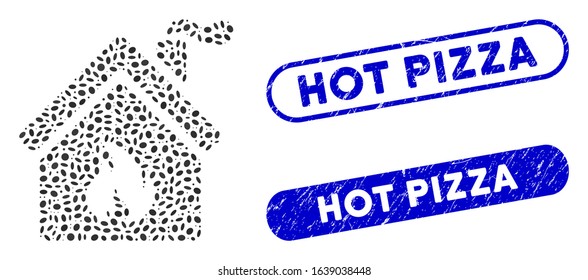 Mosaic kitchen fire and corroded stamp seals with Hot Pizza phrase. Mosaic vector kitchen fire is formed with randomized elliptic parts. Hot Pizza stamp seals use blue color,