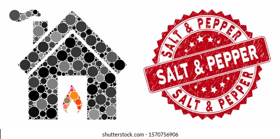 Mosaic kitchen fire and rubber stamp watermark with Salt & Pepper caption. Mosaic vector is designed with kitchen fire icon and with random spheric items. Salt & Pepper stamp seal uses red color,