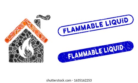 Mosaic kitchen fire and rubber stamp seals with Flammable Liquid text. Mosaic vector kitchen fire is composed with random rectangle items. Flammable Liquid stamp seals use blue color,