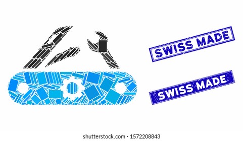 Mosaic knife icon and rectangle Swiss Made seal stamps. Flat vector  knife mosaic icon of random rotated rectangular items. Blue Swiss Made seal stamps with grunge textures.