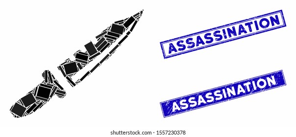 Mosaic knife icon and rectangular seal stamps. Flat vector knife mosaic icon of random rotated rectangle items. Blue caption seal stamps with scratched surface.