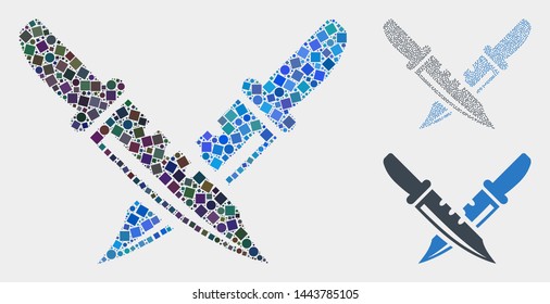 Mosaic Knife pair icon designed from circle and square items in random sizes, positions and proportions. Vector circle and square spots are grouped into abstract mosaic knife pair icons.