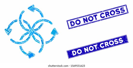 Mosaic knot rotation pictogram and rectangle rubber prints. Flat vector knot rotation mosaic pictogram of randomized rotated rectangle items. Blue caption rubber seals with grunged texture.