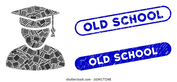 Mosaic knowledge man and distressed stamp seals with Old School caption. Mosaic vector knowledge man is created with randomized rectangle items. Old School seals use blue color,
