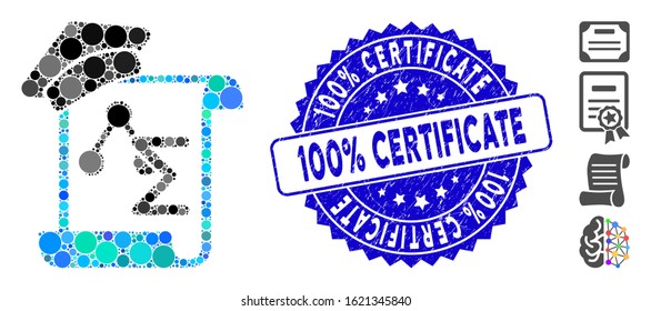 Mosaic knowledge manuscript icon and grunge stamp seal with 100% Certificate caption. Mosaic vector is composed from knowledge manuscript icon and with scattered spheric spots.