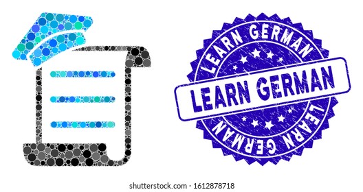 Mosaic knowledge parchment icon and rubber stamp seal with Learn German phrase. Mosaic vector is composed with knowledge parchment icon and with randomized circle elements.