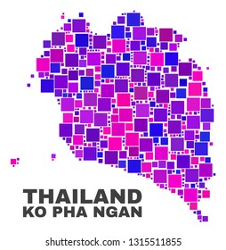 Mosaic Ko Pha Ngan map isolated on a white background. Vector geographic abstraction in pink and violet colors. Mosaic of Ko Pha Ngan map combined of random square elements.