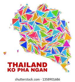 Mosaic Ko Pha Ngan map of triangles in bright colors isolated on a white background. Triangular collage in shape of Ko Pha Ngan map. Abstract design for patriotic purposes.