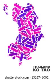 Mosaic Ko Tao map isolated on a white background. Vector geographic abstraction in pink and violet colors. Mosaic of Ko Tao map combined of scattered round dots and lines.