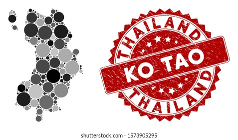 Mosaic Ko Tao map and round seal stamp. Flat vector Ko Tao map mosaic of random spheric items. Red seal stamp with rubber surface. Designed for political and patriotic collages.
