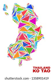 Mosaic Ko Tao map of triangles in bright colors isolated on a white background. Triangular collage in shape of Ko Tao map. Abstract design for patriotic decoration.