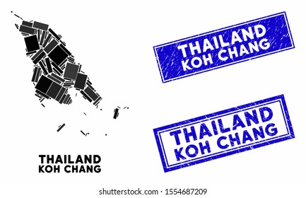 Mosaic Koh Chang map and rectangle seal stamps. Flat vector Koh Chang map mosaic of random rotated rectangle items. Blue caption seal stamps with distress texture.