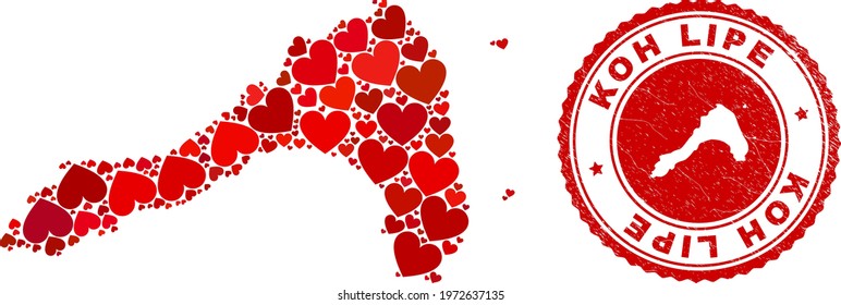 Mosaic Koh Lipe map created with red love hearts, and rubber seal stamp. Vector lovely round red rubber stamp imitation with Koh Lipe map inside.