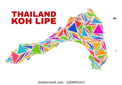 Mosaic Koh Lipe map of triangles in bright colors isolated on a white background. Triangular collage in shape of Koh Lipe map. Abstract design for patriotic decoration.