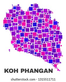 Mosaic Koh Phangan map isolated on a white background. Vector geographic abstraction in pink and violet colors. Mosaic of Koh Phangan map combined of scattered square items.
