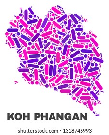 Mosaic Koh Phangan map isolated on a white background. Vector geographic abstraction in pink and violet colors. Mosaic of Koh Phangan map designed from random circle dots and lines.
