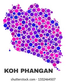 Mosaic Koh Phangan map isolated on a white background. Vector geographic abstraction in pink and violet colors. Mosaic of Koh Phangan map combined of random circle items.