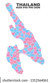 Mosaic Koh Phi Don map of love hearts in pink and blue colors isolated on a white background. Lovely heart collage in shape of Koh Phi Don map. Abstract design for Valentine decoration.
