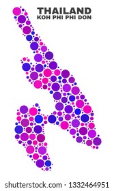 Mosaic Koh Phi Don map isolated on a white background. Vector geographic abstraction in pink and violet colors. Mosaic of Koh Phi Don map combined of random spheric items.