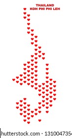 Mosaic Koh Phi Leh map of heart hearts in red color isolated on a white background. Regular red heart pattern in shape of Koh Phi Leh map. Abstract design for Valentine decoration.