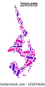 Mosaic Koh Phi Leh map isolated on a white background. Vector geographic abstraction in pink and violet colors. Mosaic of Koh Phi Leh map combined of scattered round dots and lines.