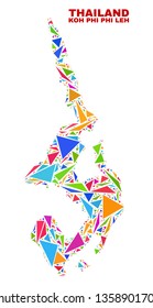 Mosaic Koh Phi Leh map of triangles in bright colors isolated on a white background. Triangular collage in shape of Koh Phi Leh map. Abstract design for patriotic illustrations.