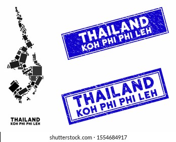 Mosaic Koh Phi Leh map and rectangle seal stamps. Flat vector Koh Phi Leh map mosaic of randomized rotated rectangle elements. Blue caption rubber stamps with distress textures.