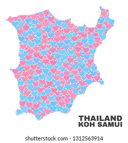 Mosaic Koh Samui map of love hearts in pink and blue colors isolated on a white background. Lovely heart collage in shape of Koh Samui map. Abstract design for Valentine decoration.