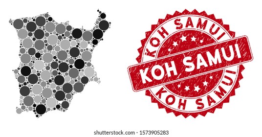 Mosaic Koh Samui map and round seal stamp. Flat vector Koh Samui map mosaic of scattered circle items. Red rubber seal with rubber style. Designed for political and patriotic proclamations.