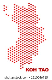 Mosaic Koh Tao map of heart hearts in red color isolated on a white background. Regular red heart pattern in shape of Koh Tao map. Abstract design for Valentine decoration.