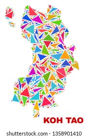 Mosaic Koh Tao map of triangles in bright colors isolated on a white background. Triangular collage in shape of Koh Tao map. Abstract design for patriotic illustrations.