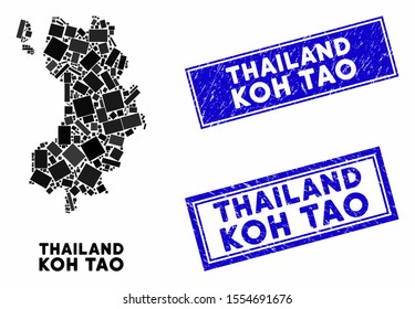 Mosaic Koh Tao Thai Island map and rectangle seals. Flat vector Koh Tao Thai Island map mosaic of random rotated rectangle elements. Blue caption seals with corroded texture.