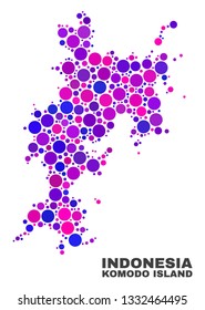 Mosaic Komodo Island map isolated on a white background. Vector geographic abstraction in pink and violet colors. Mosaic of Komodo Island map combined of random round elements.