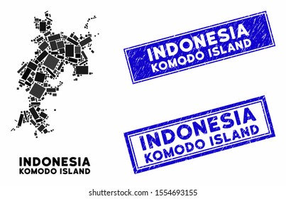 Mosaic Komodo Island map and rectangular rubber prints. Flat vector Komodo Island map mosaic of random rotated rectangular elements. Blue caption rubber stamps with dirty surface.