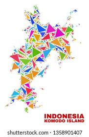 Mosaic Komodo Island map of triangles in bright colors isolated on a white background. Triangular collage in shape of Komodo Island map. Abstract design for patriotic decoration.