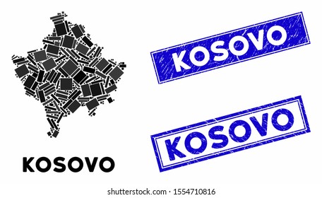 Mosaic Kosovo map and rectangular rubber prints. Flat vector Kosovo map mosaic of scattered rotated rectangular items. Blue caption rubber seals with grunged textures.